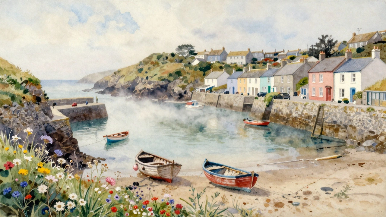 Quiet cove in St Ives with fishing boats and pastel cottages under soft morning mist.