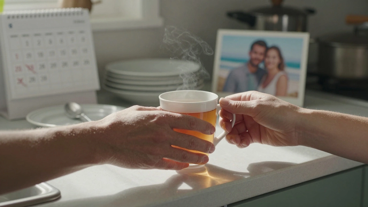 Two hands exchange a mug of tea across a cluttered kitchen counter, morning light filtering through the window.