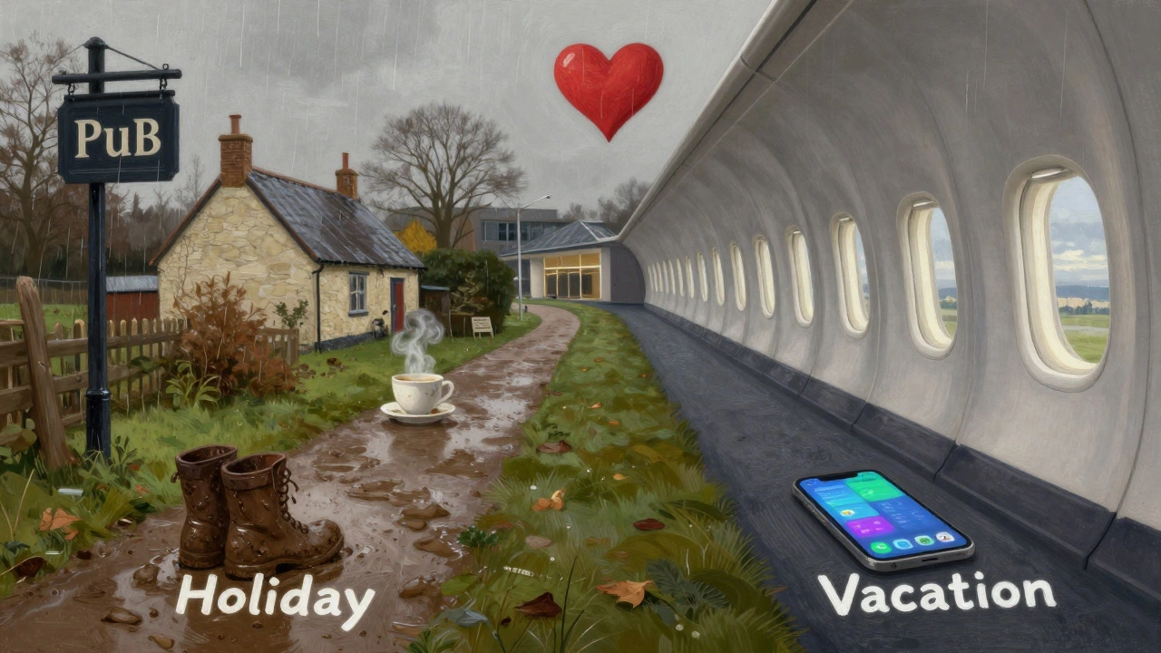 Two symbolic paths representing British holiday and American vacation, converging at a heart.