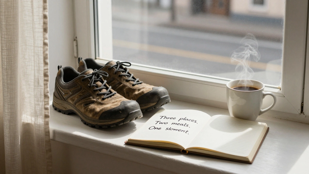 Worn walking shoes and an open journal with a handwritten city break rule on a sunny windowsill.
