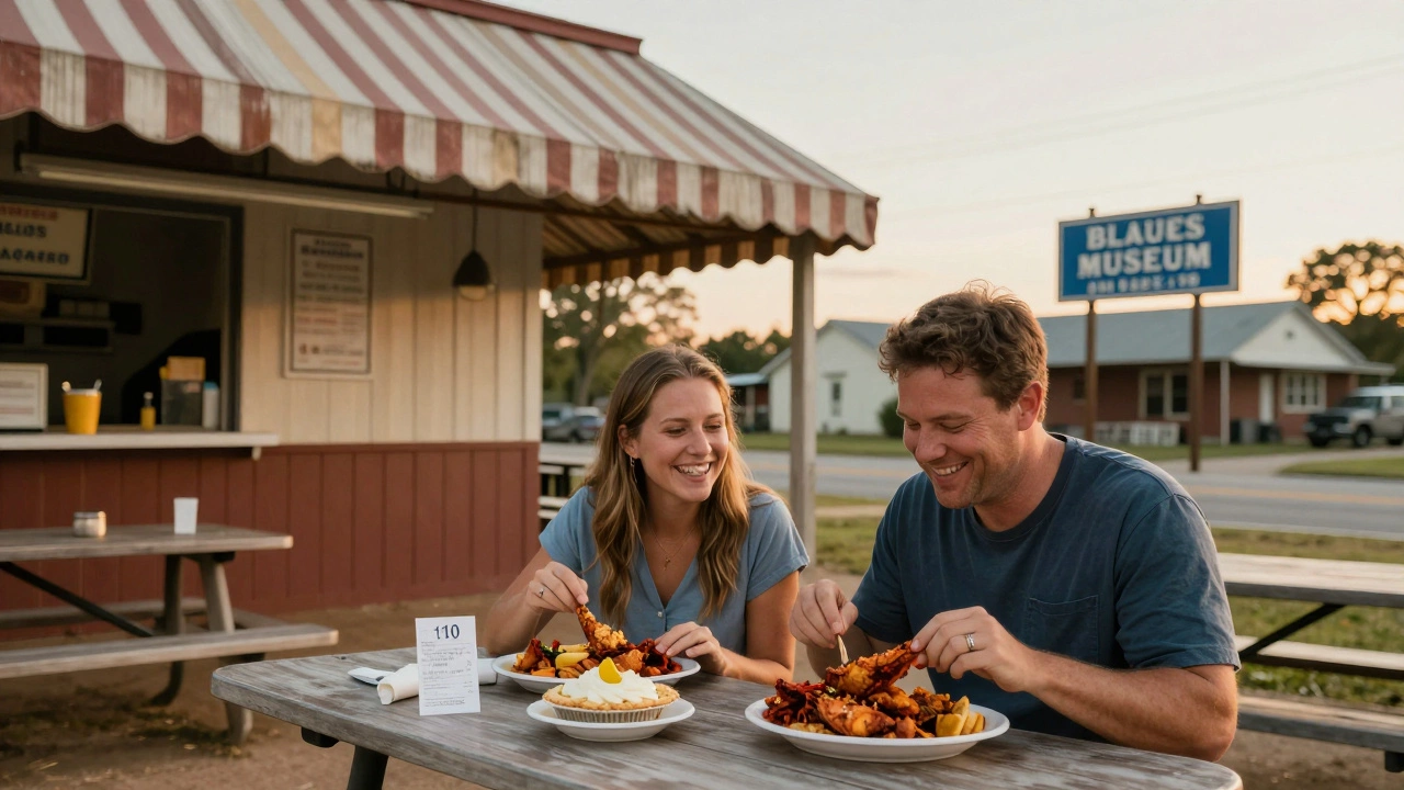 A couple enjoying affordable Southern food at a roadside stand in Mississippi with catfish and pie.
