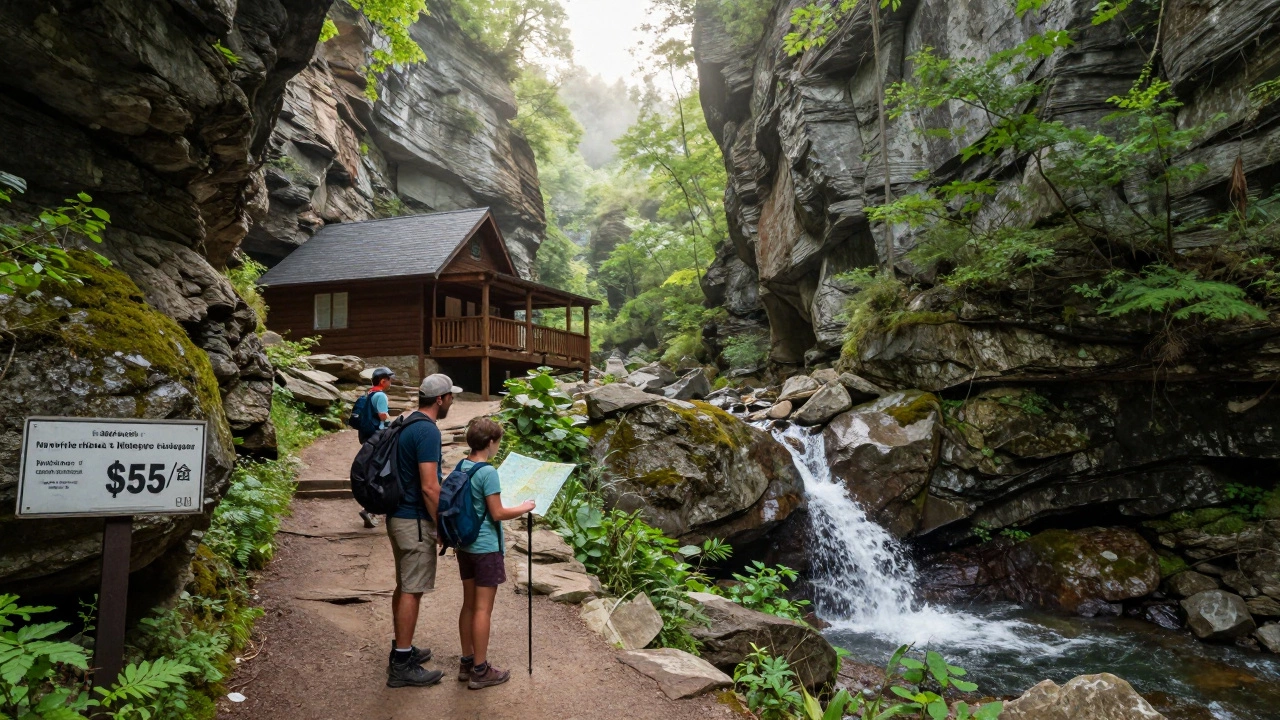 A family hiking in West Virginia's New River Gorge with a cheap cabin visible in the distance.