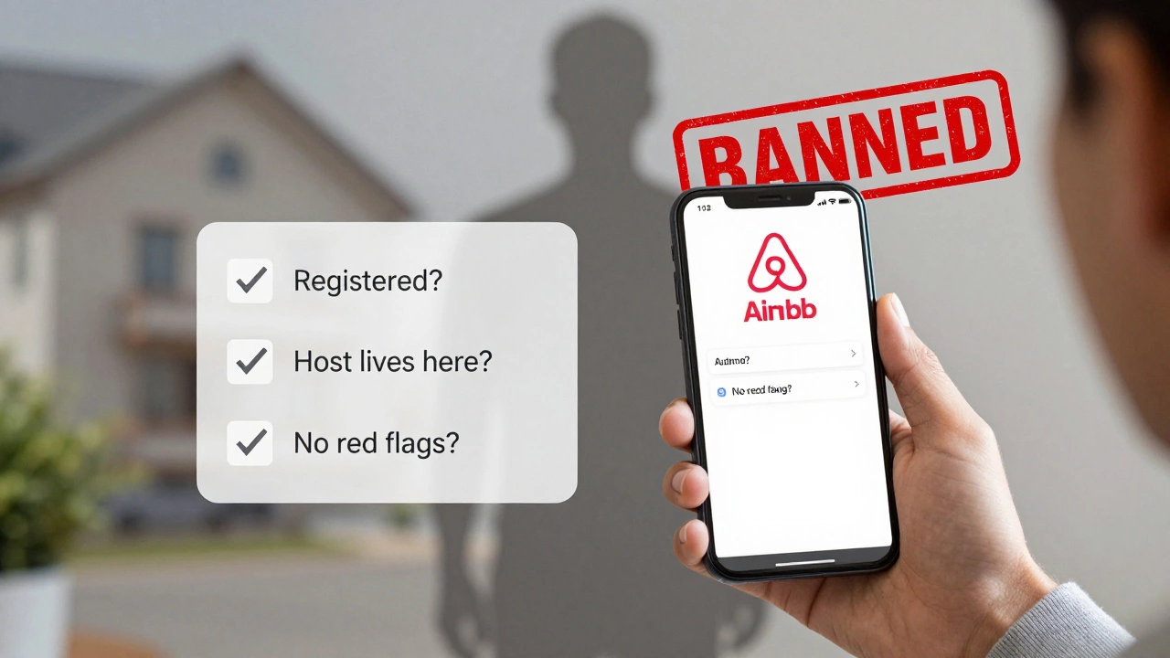 A guest checks an Airbnb listing on a phone with a legal compliance overlay, while an unregistered property fades into a ban stamp.