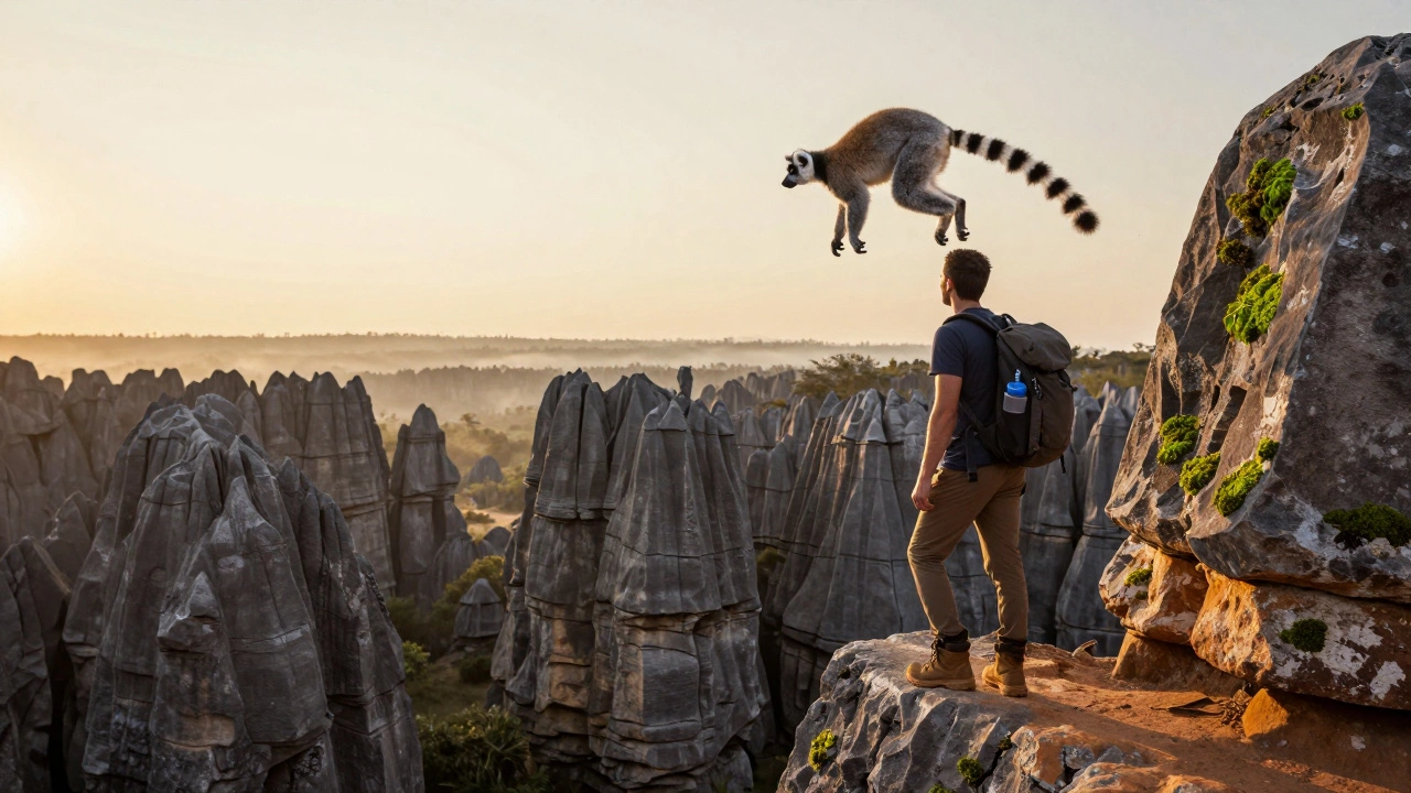 A hiker in Madagascar’s tsingy rocks at sunrise, a lemur leaping above them amid sharp limestone spires.