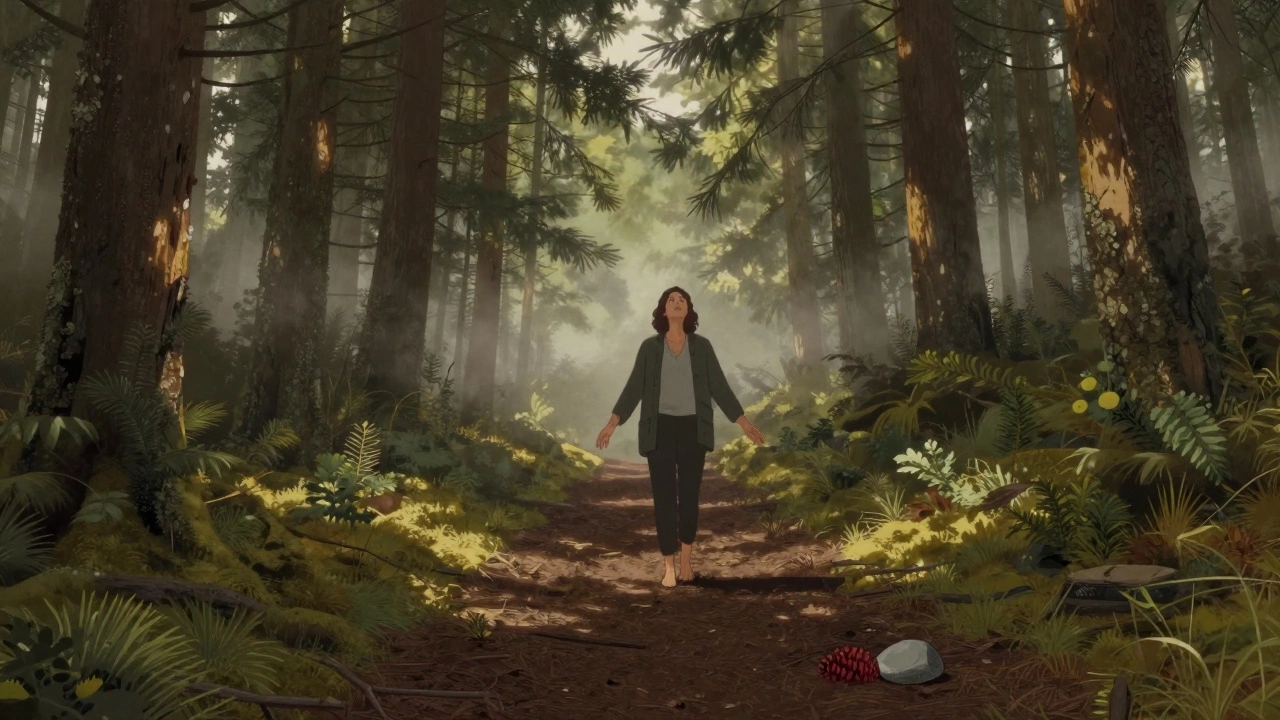 A person walks barefoot on a forest trail, sunlight filtering through pines, pinecone and stone on the path.