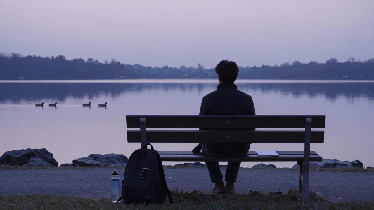 A silhouette sits on a park bench at dawn, lake still, backpack with phone hidden, notebook on lap.