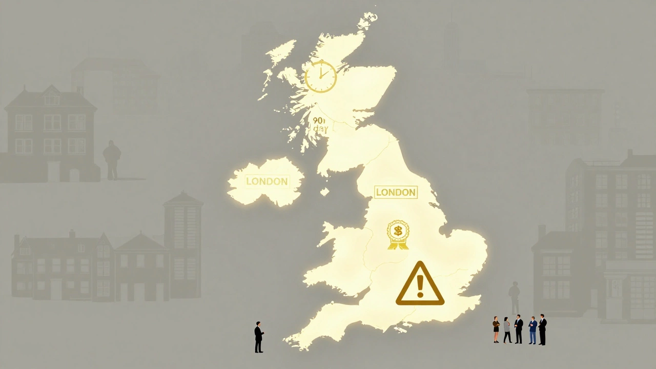A stylized UK map showing regional Airbnb rules with icons for registration, limits, and warnings in key cities.