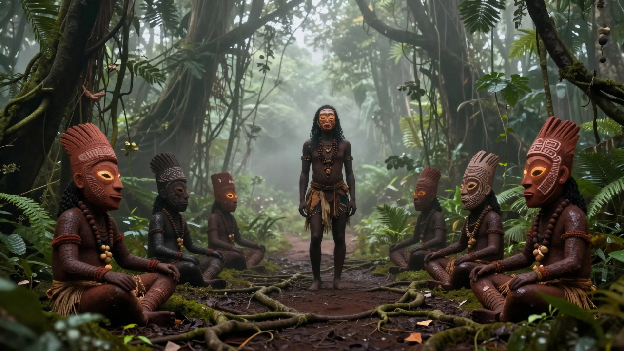 A traveler sits among Asaro Mudmen in Papua New Guinea's misty highlands, surrounded by ancestral clay masks and dense jungle silence.