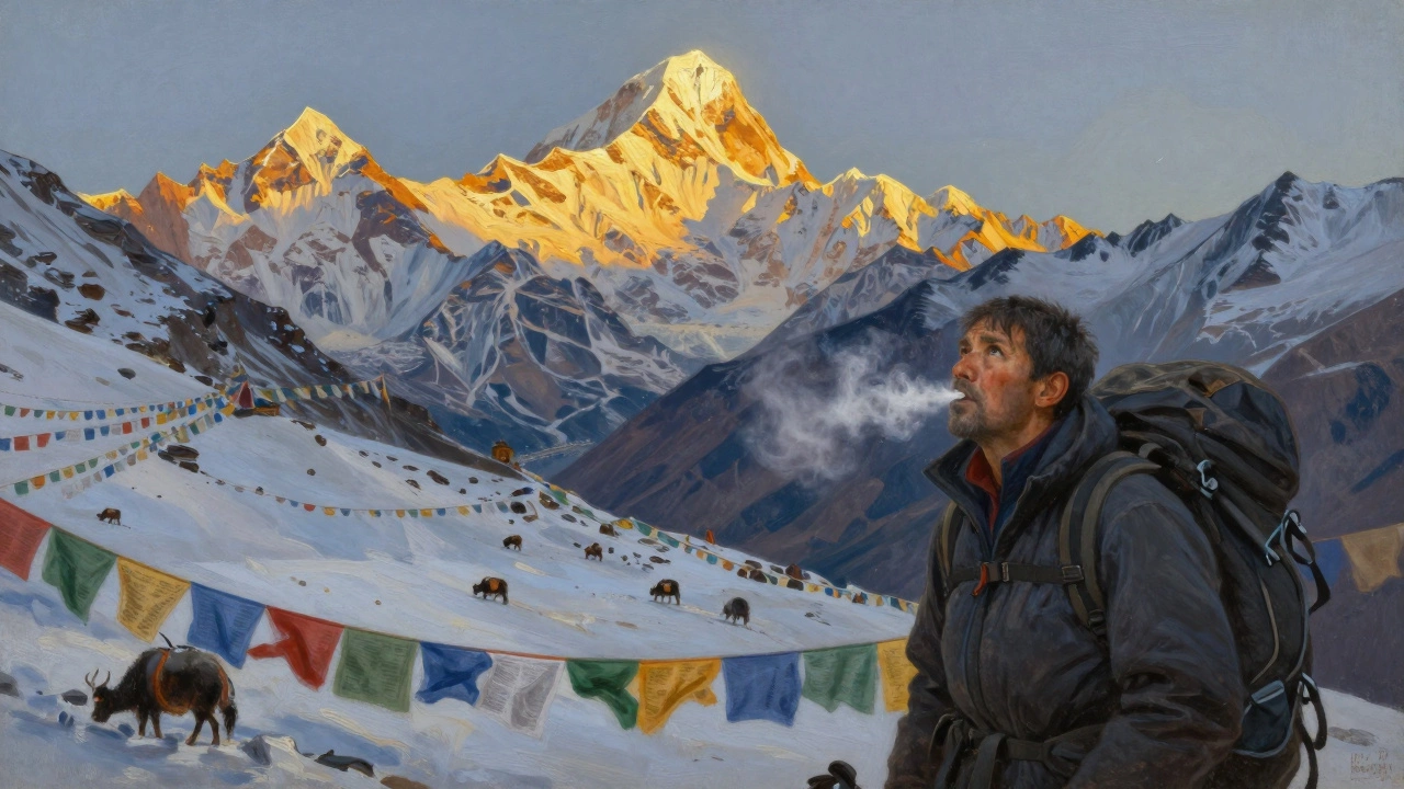 A trekker at dawn on Nepal's Thorong La Pass, gazing at snow-capped mountains as prayer flags whip in the thin mountain air.
