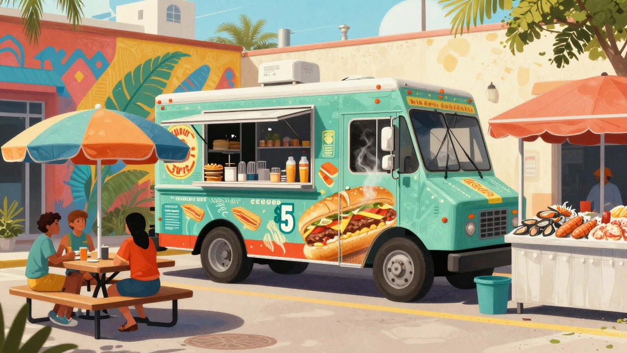 A vibrant Miami food truck serving a Cuban sandwich with fresh seafood nearby in the background.