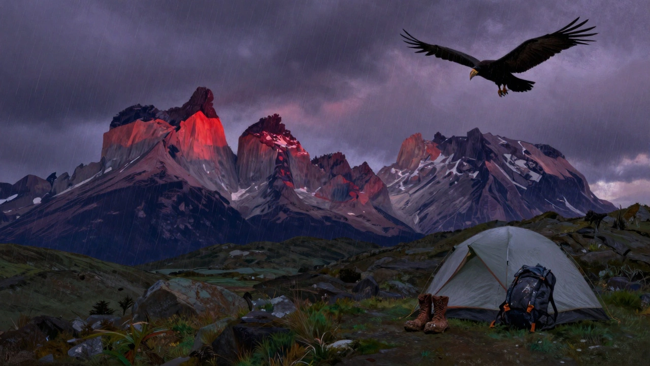 A wind-blown tent in Patagonia’s O Circuit as stormy light hits the granite towers, with a condor soaring overhead.