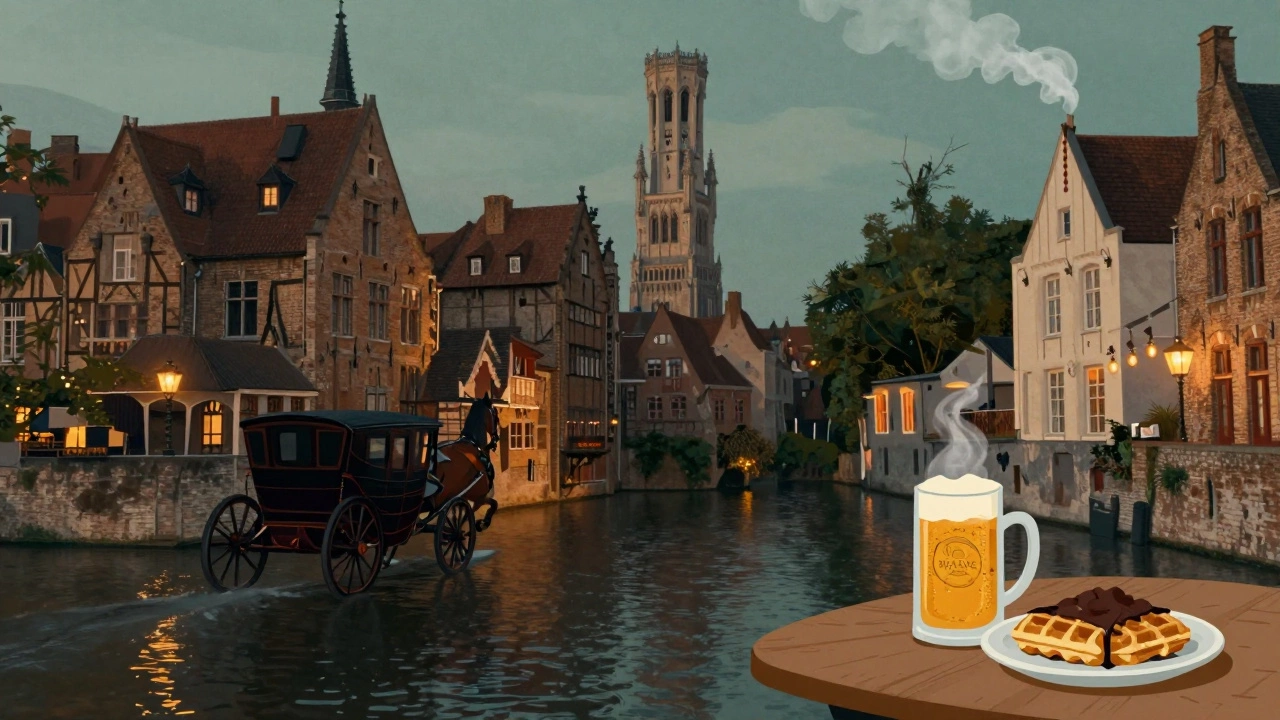 Bruges at dusk with canals reflecting lantern-lit buildings, a horse-drawn carriage, and a brewery mug on a cobblestone street.