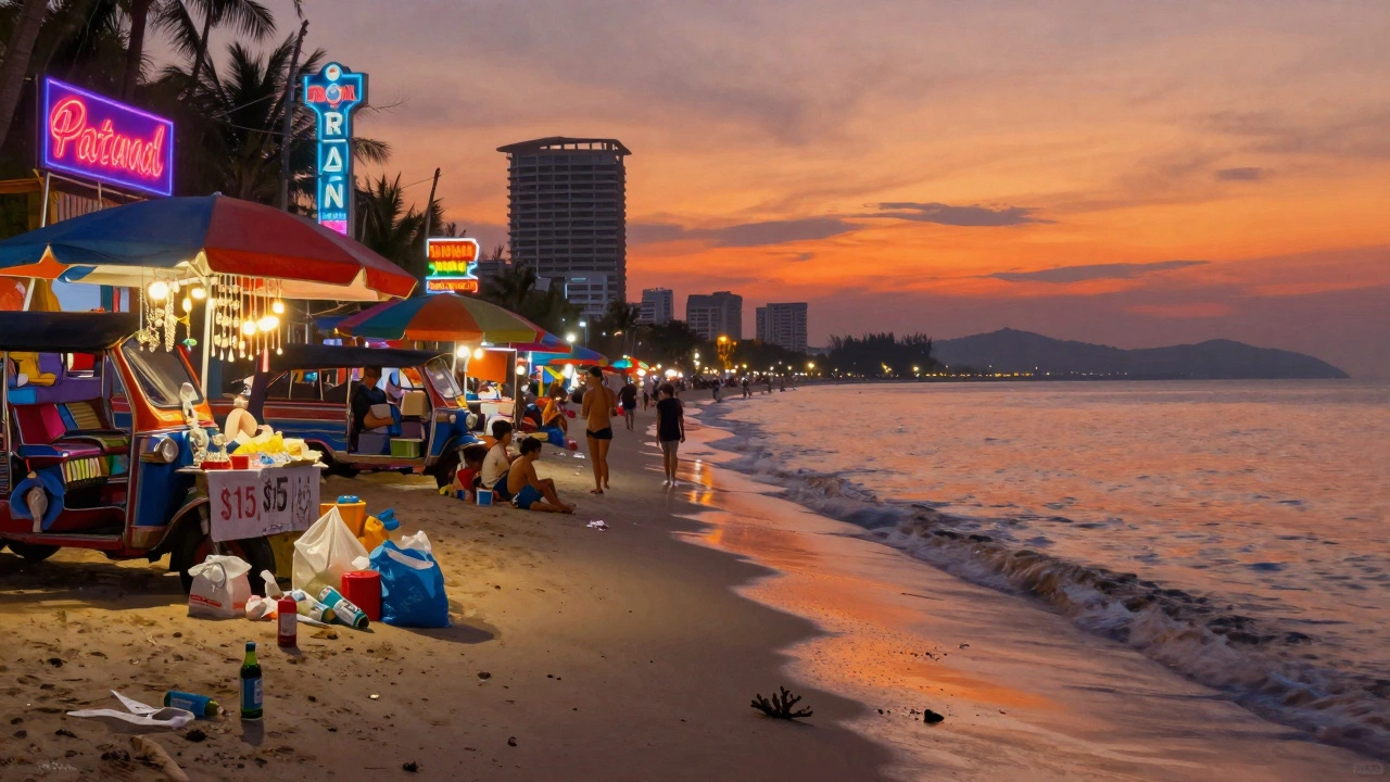 Chaotic Patong Beach at sunset with neon signs, vendors, and plastic waste on shore.
