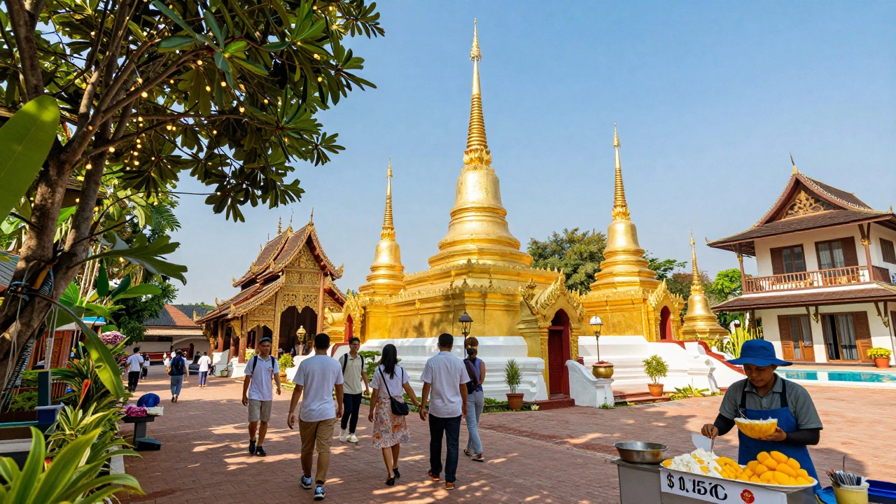 Chiang Mai temple area with string lights and street food under sunny skies.