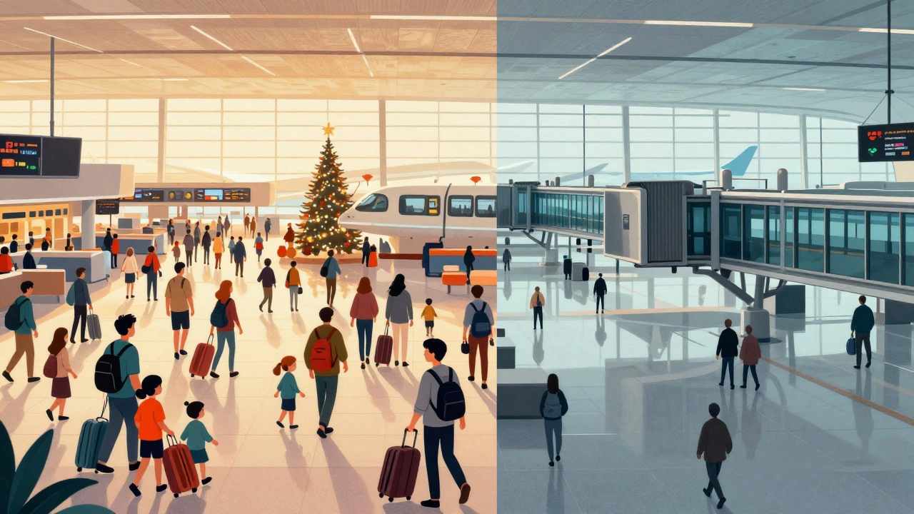 Crowded holiday airport terminal contrasted with quiet off-peak gate in split view