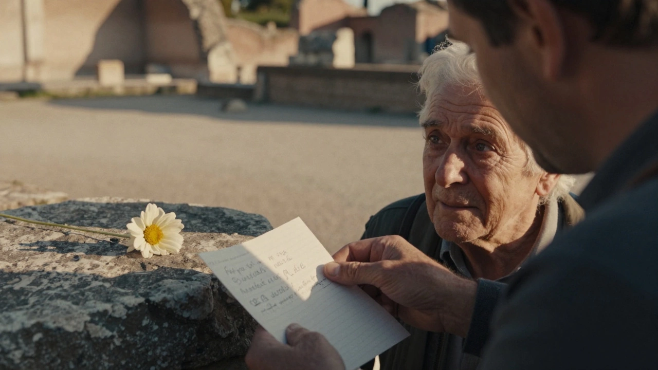 Guide giving handwritten note to emotional visitor at Roman ruin, afternoon light soft on their faces.