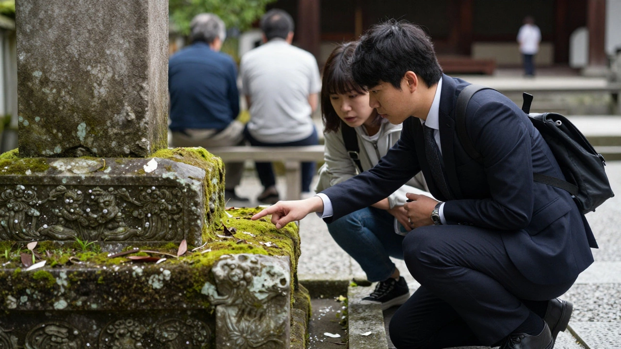 Guide pointing to ancient carving in Kyoto temple garden, tourist leaning in with quiet wonder.