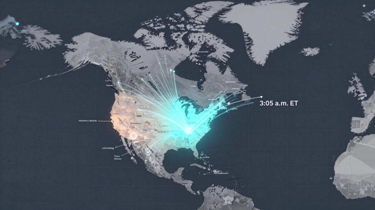 Map of North America with glowing fare discounts radiating from airline hubs at dawn.