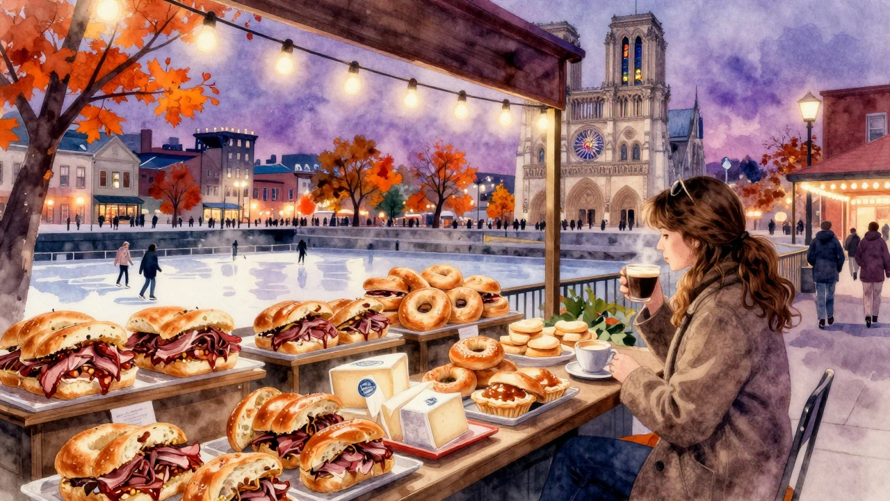 Montreal’s Atwater Market in autumn, with food stalls, a café, and the Basilica glowing softly under string lights.