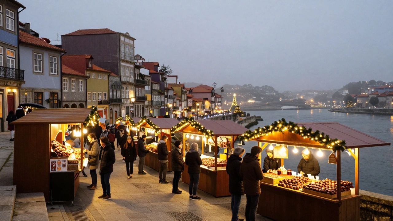 Porto’s Christmas market by the river with glowing stalls and warm lighting.