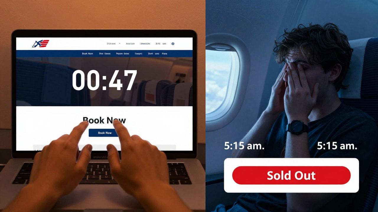 Split-screen comparison of flight prices dropping then rising within hours.