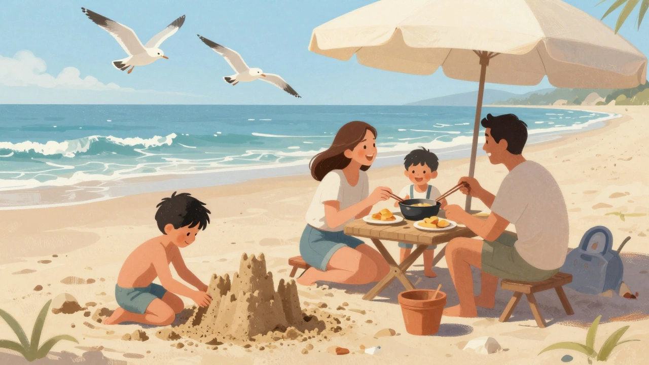 A family enjoys a relaxed beach day with children playing and parents cooking, all free of screens and stress.