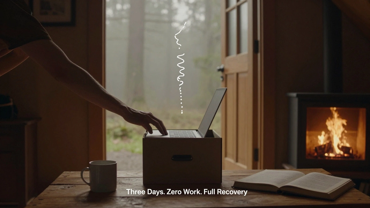 A laptop is locked away beside a cabin door as a person walks into nature, symbolizing digital detox and renewal.