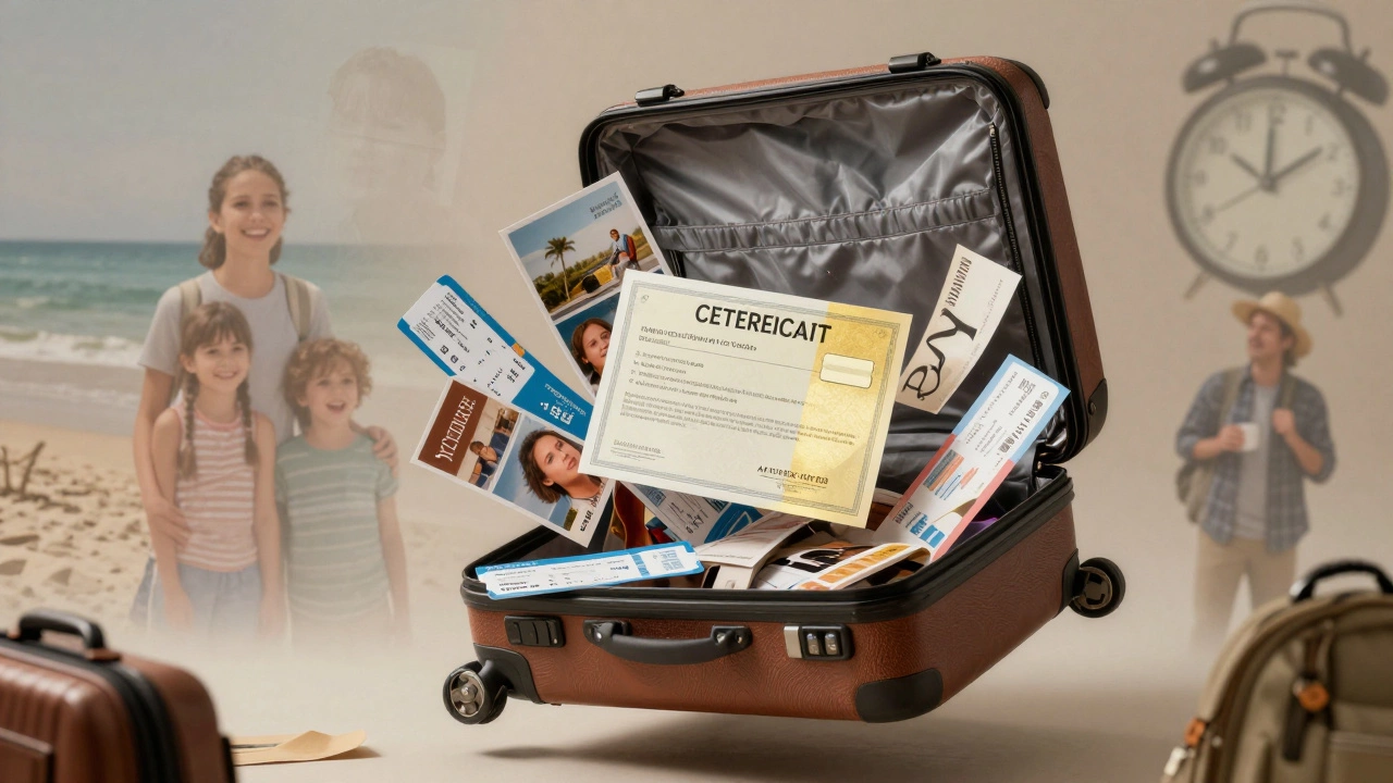 A suitcase mid-air spilling travel documents, with an ATOL certificate floating center-frame among faint images of travel experiences.