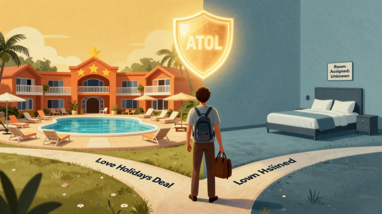 A traveler at a crossroads between a vibrant resort and an uncertain hotel room, with a glowing ATOL shield protecting the safe path.