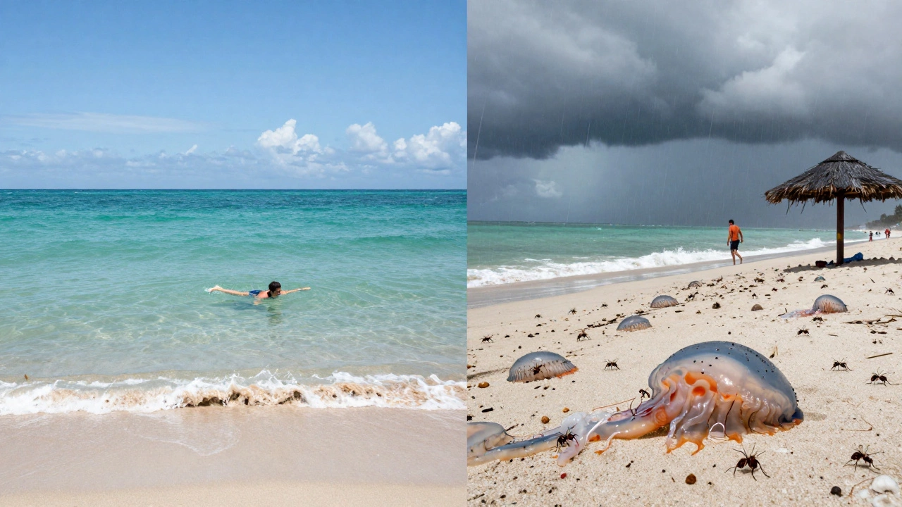 Contrasting peaceful March beach with chaotic August storm conditions.