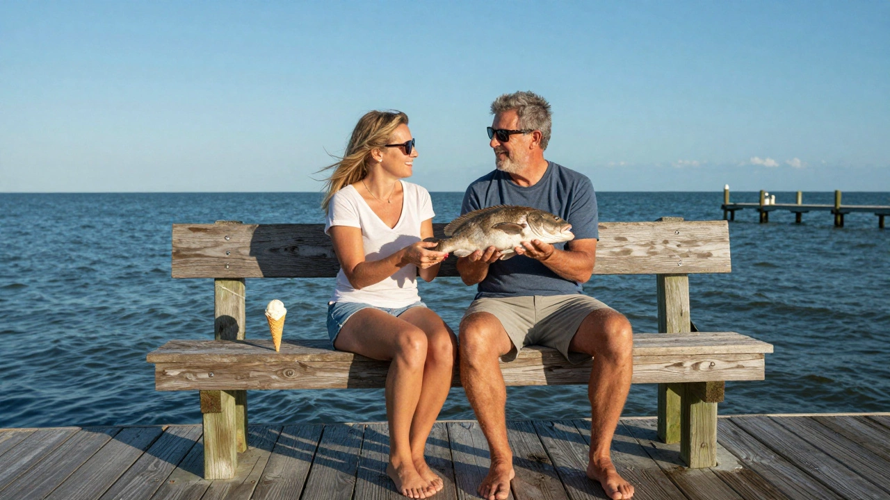 Couple enjoying fresh seafood and ice cream on a quiet Florida beach in March.