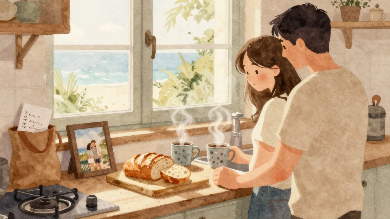 Couple sharing breakfast at home after romantic trip