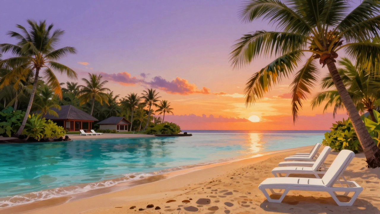 Empty tropical beach resort with loungers and palm trees at sunset.