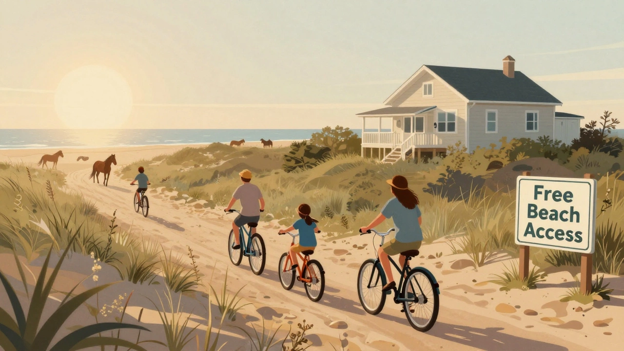 Family biking along dunes in Outer Banks with wild horses in the distance.