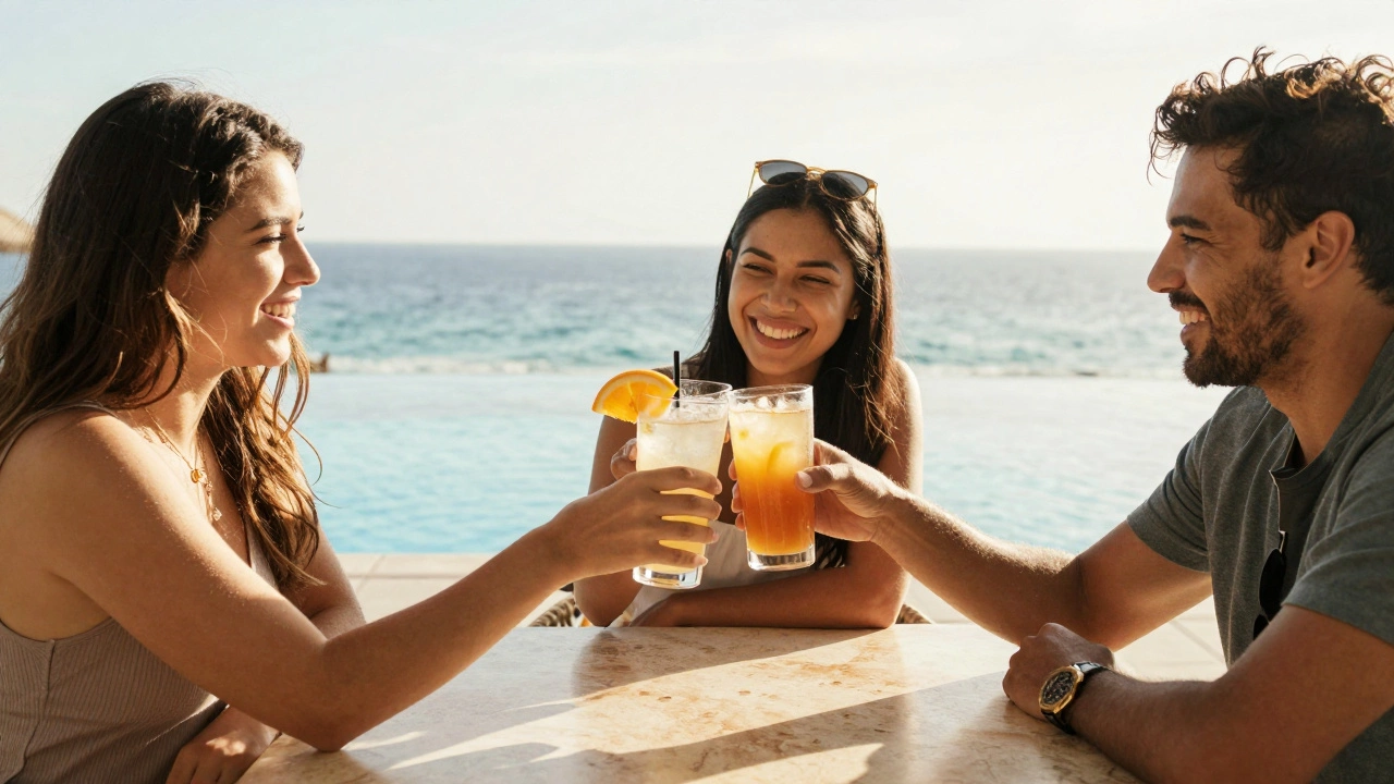 Friends cheering with drinks at a sunny resort poolside bar.
