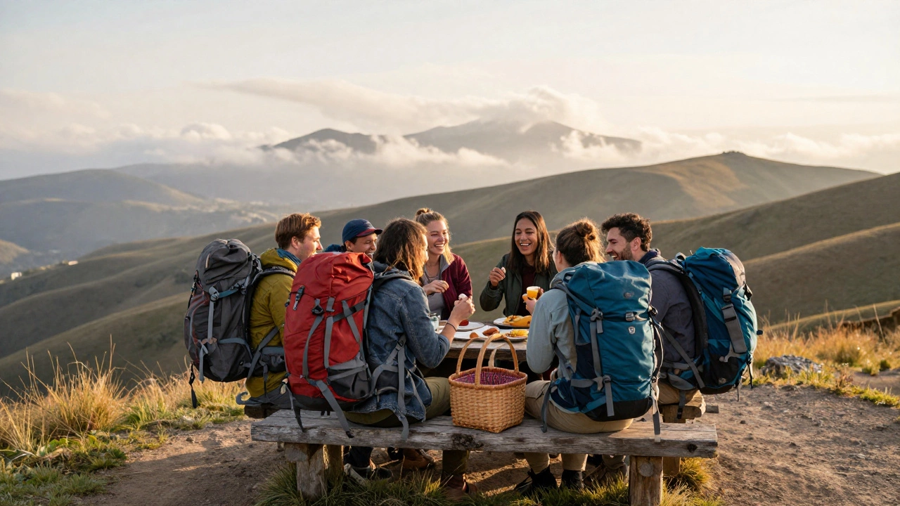 Group of hikers with backpacks sharing food on a mountain trail bench