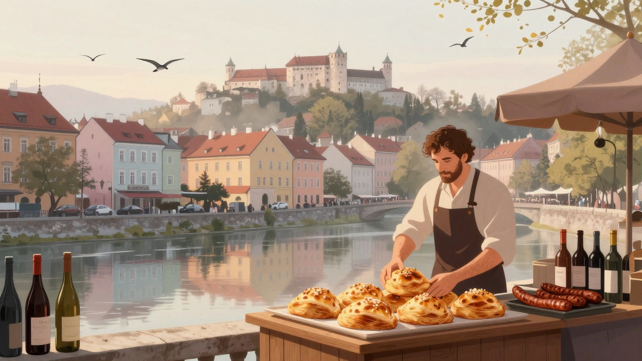 Ljubljana's car-free old town at dawn with pastel buildings, a baker selling potica, and the castle on the hill.