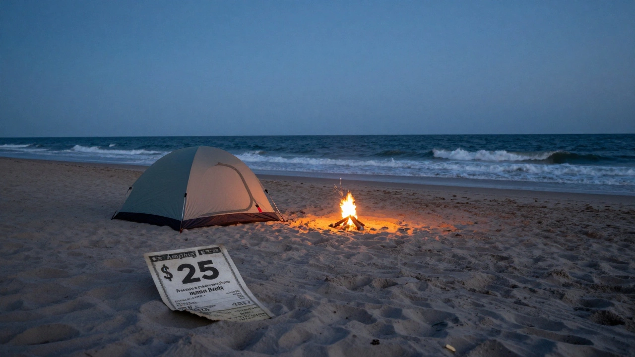 Minimalist beach campsite at dusk in Galveston with glowing fire and ocean waves.