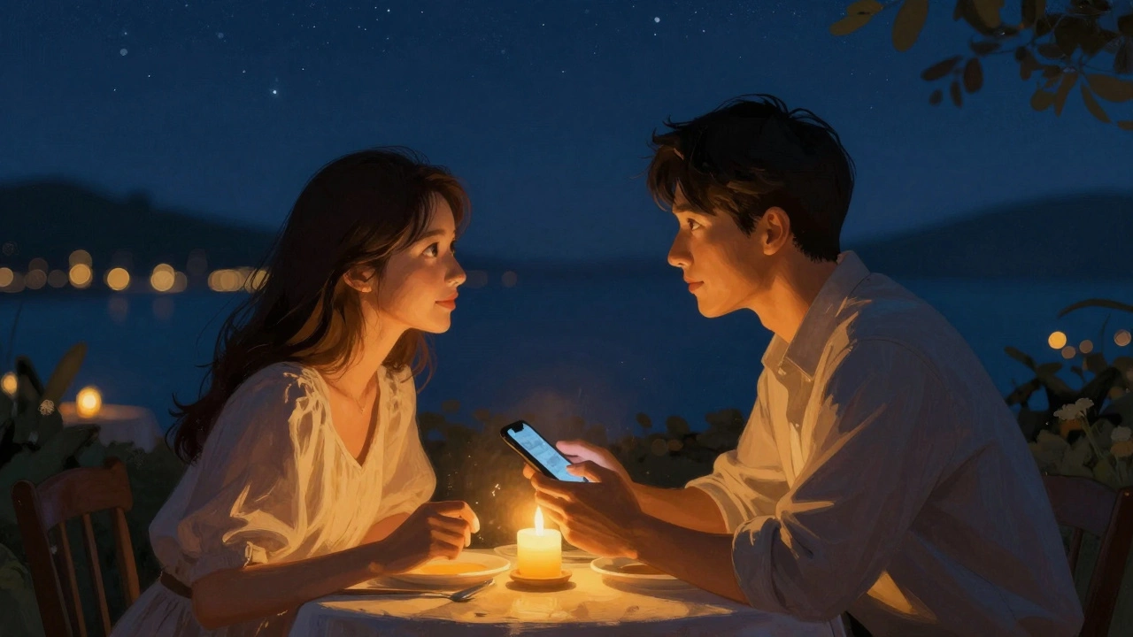 Partners putting down phone at candlelit dinner to connect