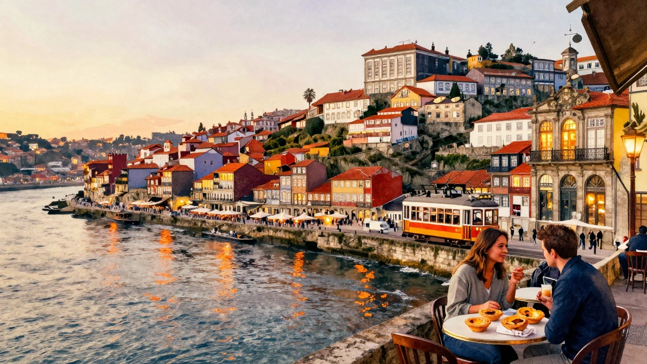 Porto's Ribeira district at sunset with colorful houses, a tram, and a couple enjoying pastéis de nata by the river.