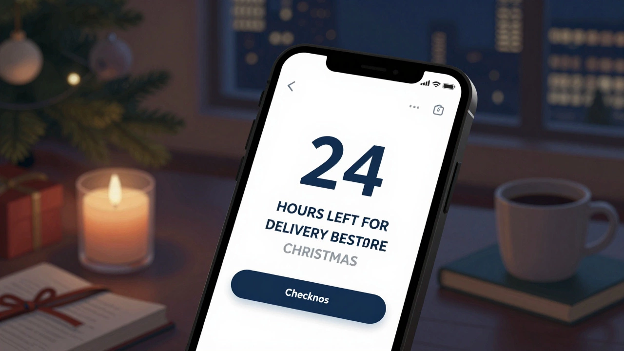 Smartphone showing a last-chance shipping countdown next to holiday items.