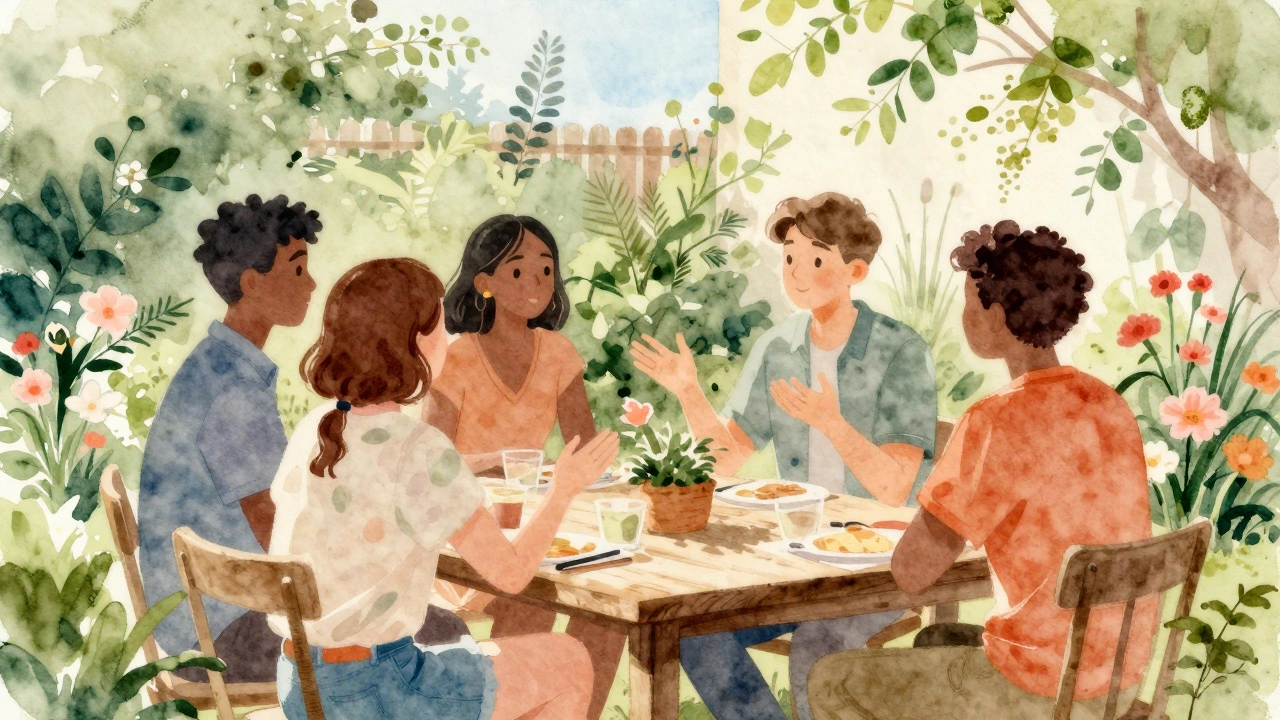 Watercolor painting of friends laughing together at an outdoor garden table