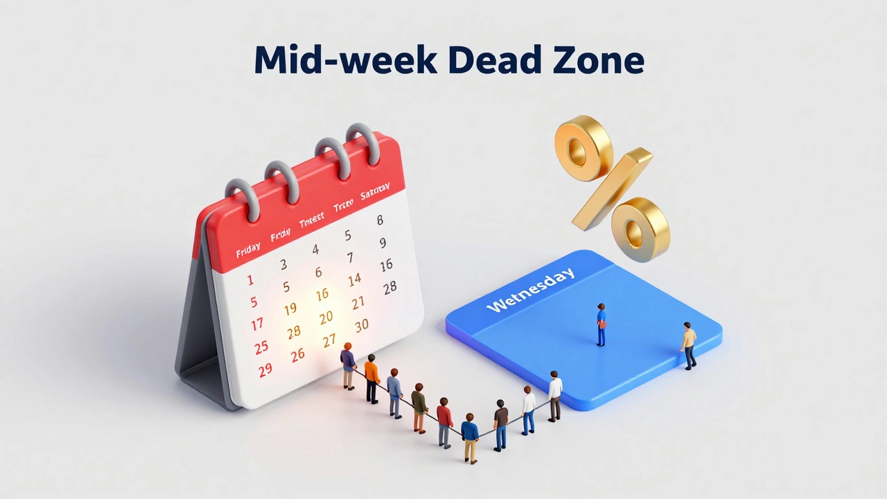 3D isometric calendar contrasting crowded weekend flights with cheap mid-week travel options