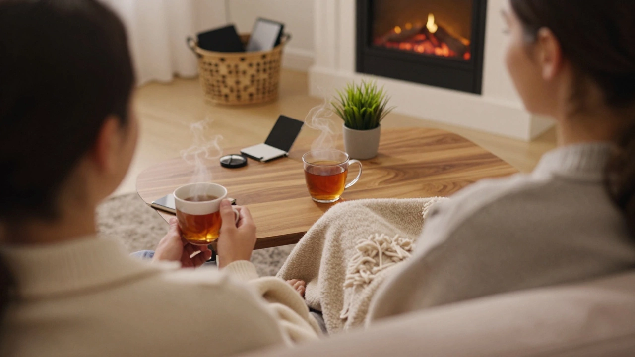 A couple cuddling on a sofa in a cozy room with tea and a fireplace