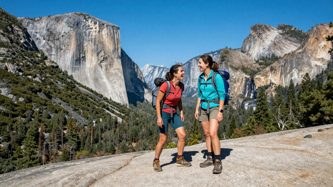 A couple laughing while hiking on a rocky ledge in Yosemite National Park