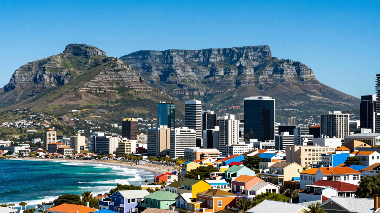 Cape Town skyline with Table Mountain and turquoise Atlantic waters