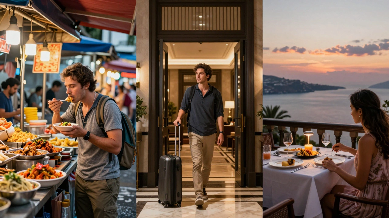 Comparison of budget street food, a boutique hotel, and luxury dining experiences.