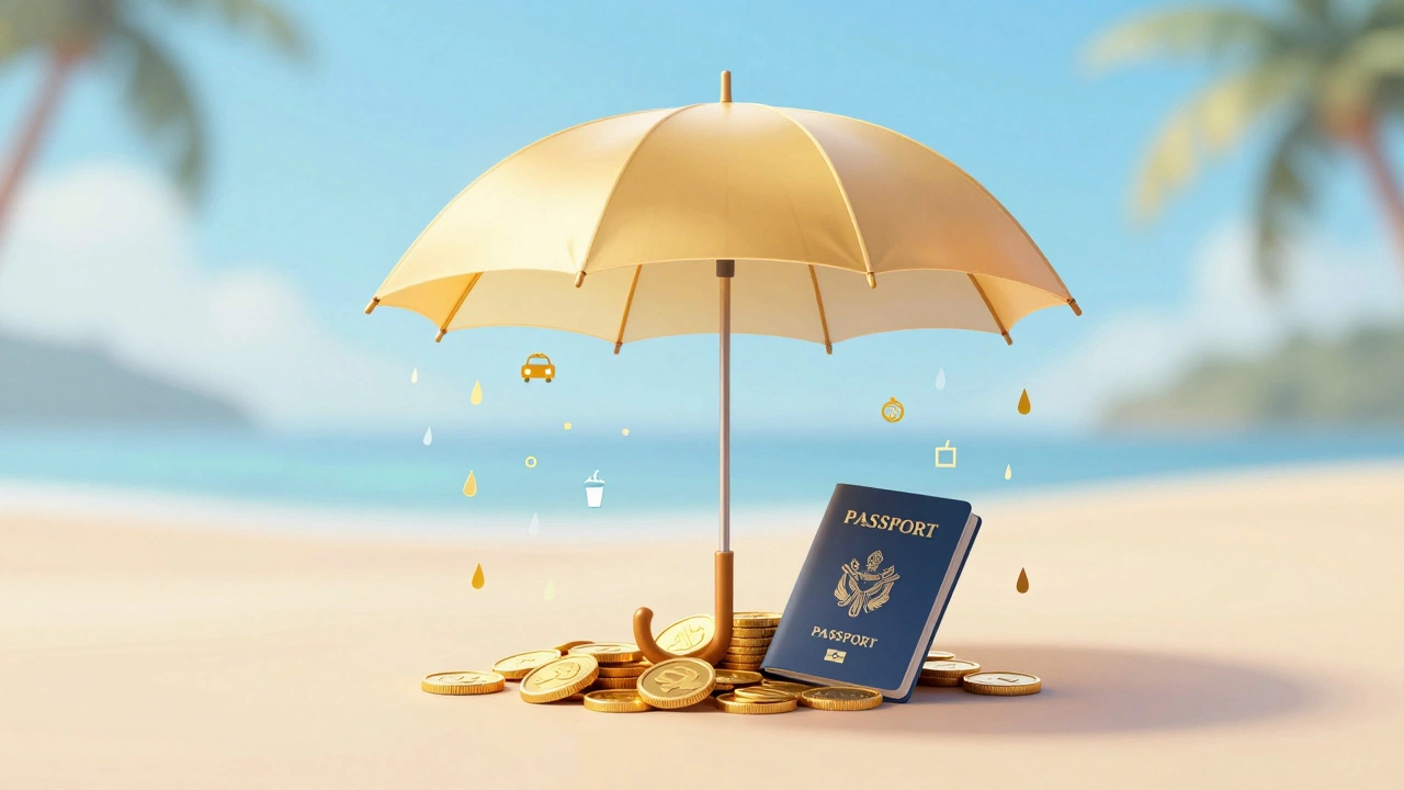Conceptual image of a golden umbrella protecting travel funds from unexpected costs.