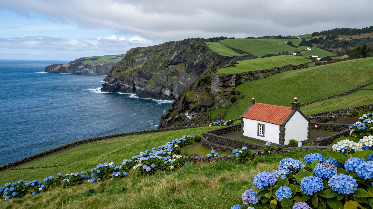 Green volcanic cliffs and a traditional stone cottage in the Azores