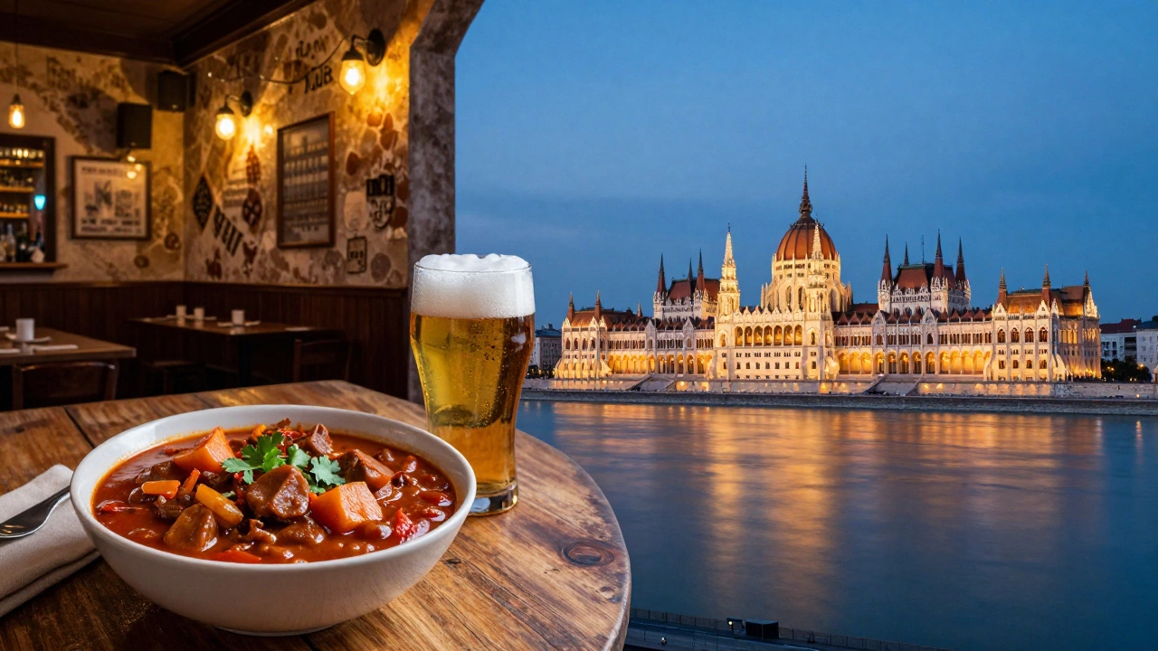 Split view of traditional Hungarian goulash and the Budapest city skyline